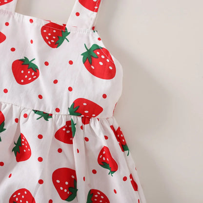 Ensemble robe et chapeau d'été pour bébé fille, 2 pièces, robe décontractée à petits pois ronds, imprimé fraise, nœud sur le devant, pour tous les jours
