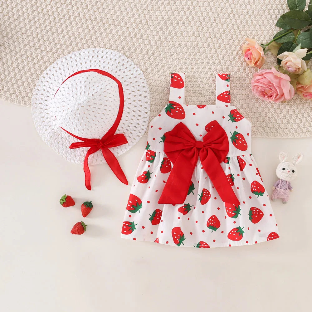 Ensemble robe et chapeau d'été pour bébé fille, 2 pièces, robe décontractée à petits pois ronds, imprimé fraise, nœud sur le devant, pour tous les jours