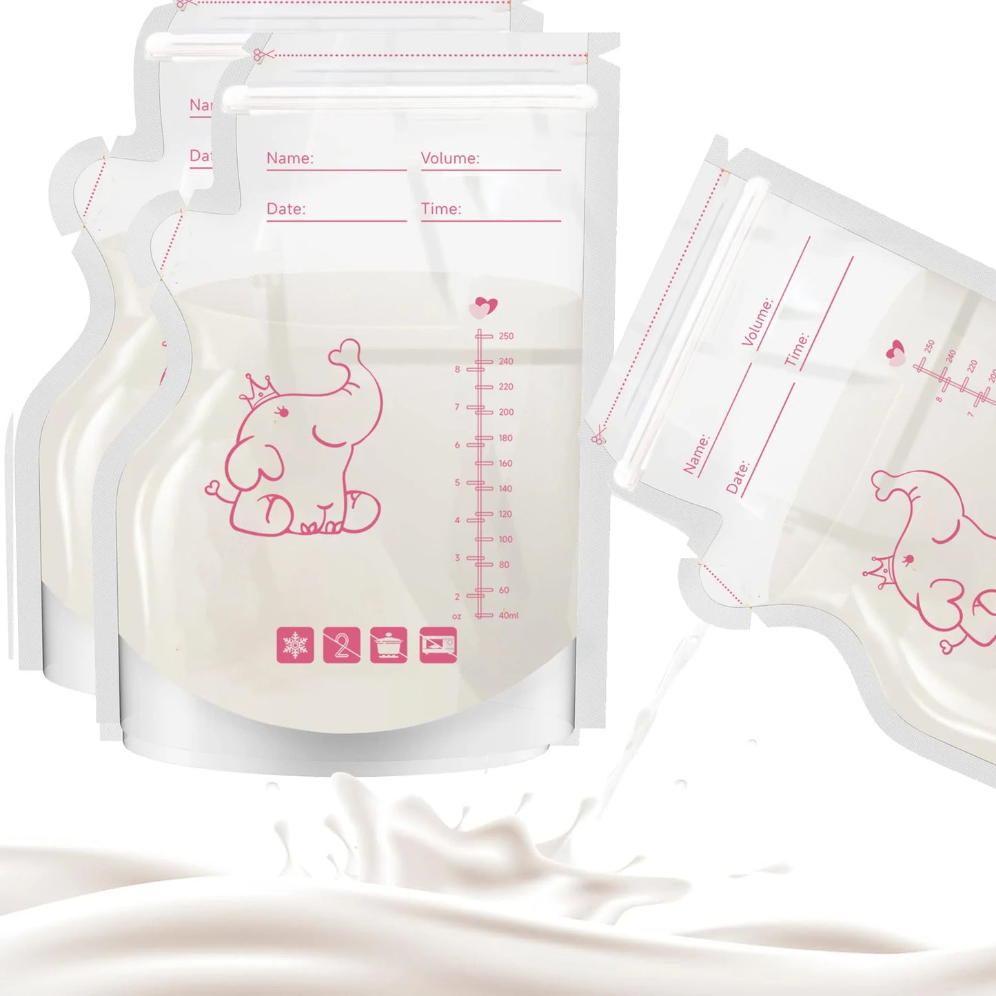 Lot de 50 sachets de conservation du lait maternel pré-stérilisés, anti-fuites, sans BPA, jetables, pour le stockage du lait maternel, pour le pompage et la congélation, motif éléphant