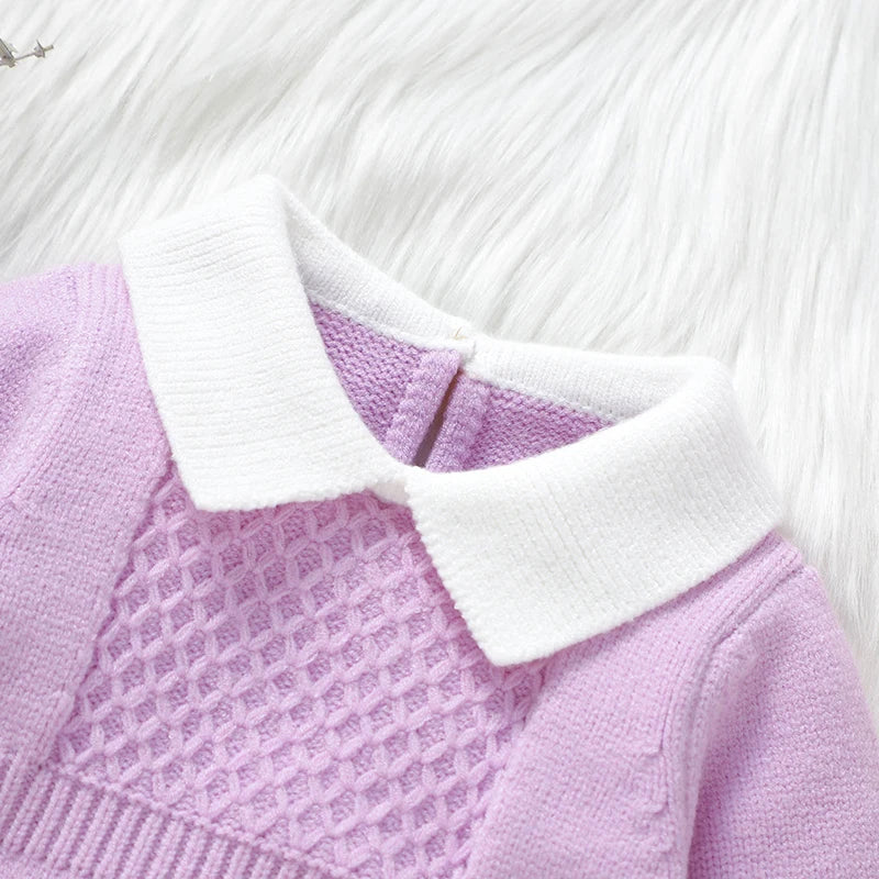 Barboteuse en tricot pour bébé fille de 0 à 9 mois, manches longues, revers, nœud sur le devant, pull à pieds avec bandeau