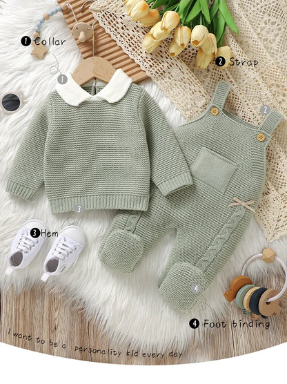 Ensemble de vêtements d'automne pour bébé, pull en tricot à manches longues + barboteuse sans manches pour nouveau-né + combinaison pour les pieds (0-9 mois)