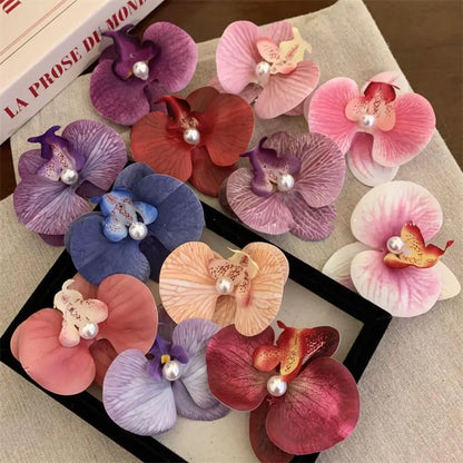 Pince à cheveux en tissu avec fleur, orchidée papillon, style coréen, épingle à cheveux en forme de fleur, accessoires pour cheveux féminins, pince à cheveux en perles pour fille, bord de mer