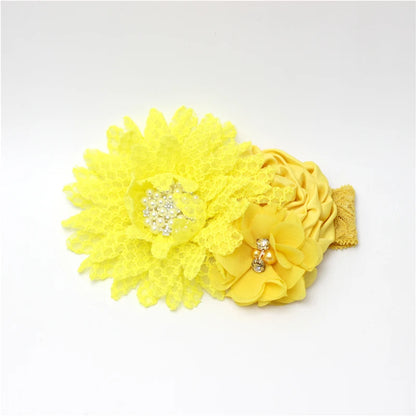Baby Birthday Headband Photo Props Headwear Chiffon Flower with Diamond Lace Wide Headband for Baby Girls Headwrap Infant Turban