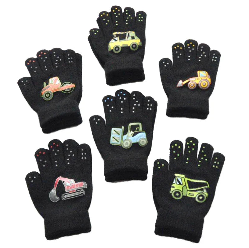 5-11Y Children Cartoon Vehicle Plush Warm Gloves For Boys Girls Student Winter Knitted Mittens Outdoor Cycling Skiing Gloves New
