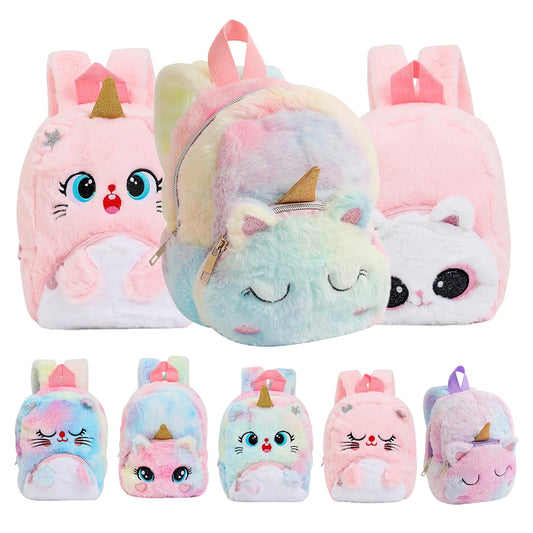 Girls and Boys Kindergarten Shoulders Bags Children's Cartoon Unicorn Plush Big Eyed Backpack Children's Colorful Plush Backpack