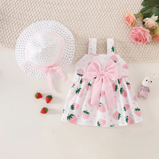 Ensemble robe et chapeau d'été pour bébé fille, 2 pièces, robe décontractée à petits pois ronds, imprimé fraise, nœud sur le devant, pour tous les jours