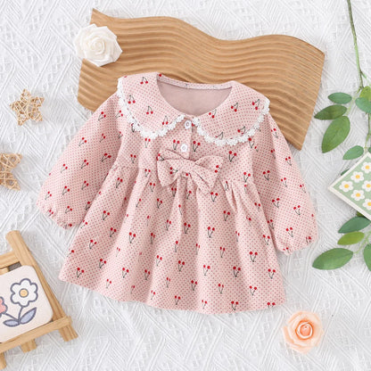 Jupe pour enfants de 0 à 3 ans, nouvelle collection printemps-automne, robe fraîche à motif de cerises, avec nœud décoratif et col haut
