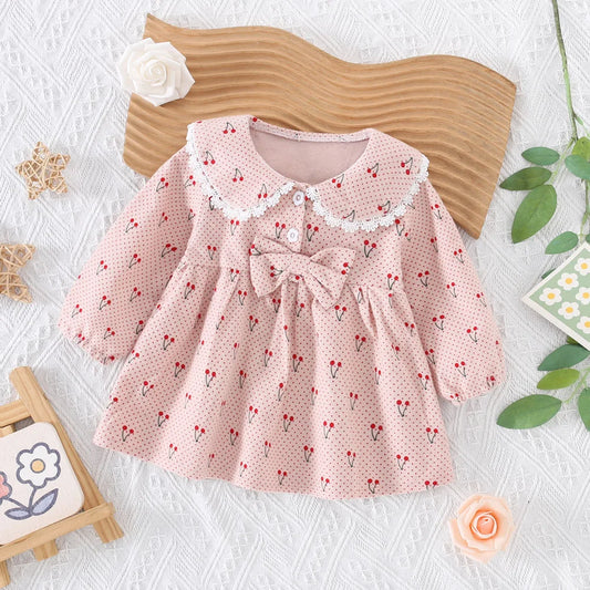 Jupe pour enfants de 0 à 3 ans, nouvelle collection printemps-automne, robe fraîche à motif de cerises, avec nœud décoratif et col haut