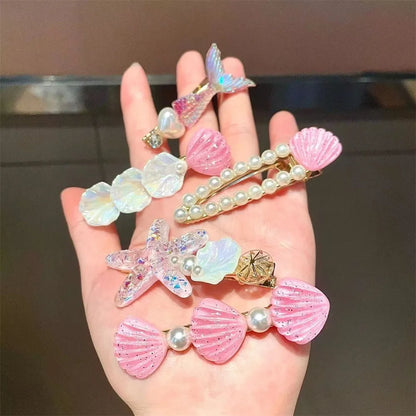 5 Pcs Cute Hair Clip Set Bangs Hairpin Mermaid Shell Starfish Pearl Sea princess Baby Girl Barrettes Hair Accessories