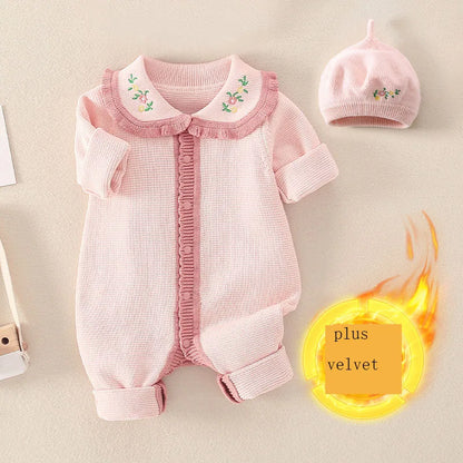 Barboteuse tricotée en coton à manches longues pour nouveau-né fille, col brodé, combinaison pour bébé fille, automne-hiver 2024