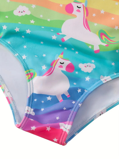 Maillot de bain arc-en-ciel pour fille, manches longues, bas de bikini, imprimés colorés et joyeux, motif animal et cheval fantaisiste