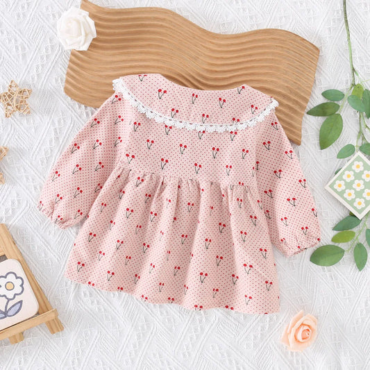Jupe pour enfants de 0 à 3 ans, nouvelle collection printemps-automne, robe fraîche à motif de cerises, avec nœud décoratif et col haut