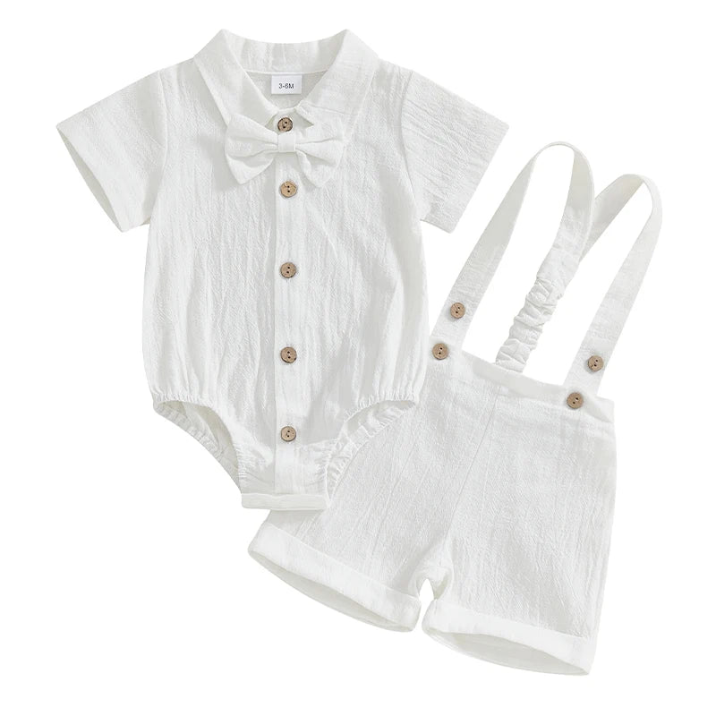 Ensemble 3 pièces pour bébé garçon, barboteuse à manches courtes et col à revers, couleur unie, avec short à bretelles et nœud papillon