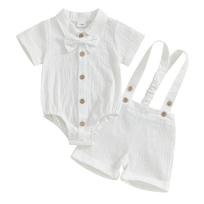 Ensemble 3 pièces pour bébé garçon, barboteuse à manches courtes et col à revers, couleur unie, avec short à bretelles et nœud papillon
