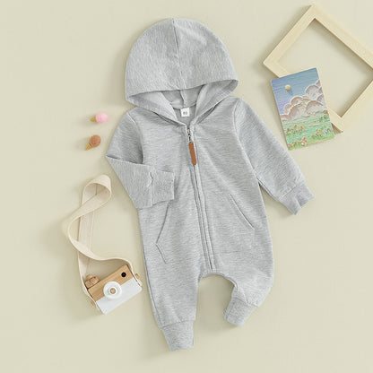 Combinaison Pudcoco pour nouveau-né, manches longues, capuche, fermeture éclair, couleur unie, pour garçons et filles de 0 à 12 mois
