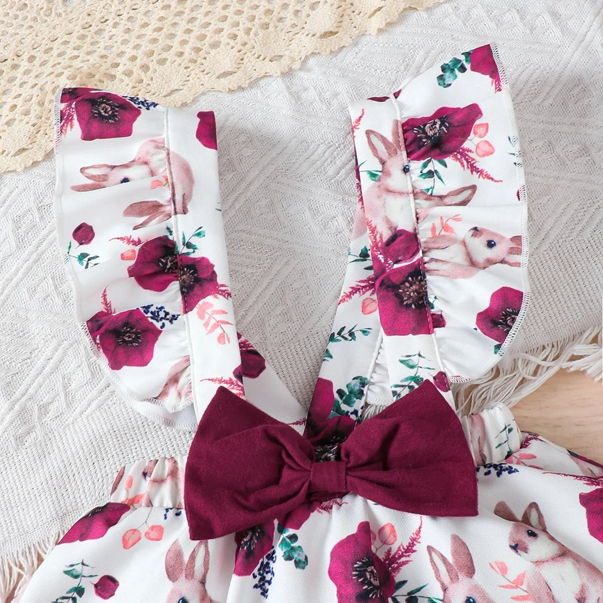 Ensemble d'été pour bébé fille, combinaison couleur unie, jupe à bretelles imprimée lapin et bandeau, pour bébés filles de 0 à 18 mois