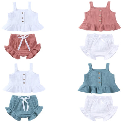 Ensemble de vêtements d'été pour nouveau-né fille, haut sans manches à volants en coton uni, pantalon court, 2 pièces