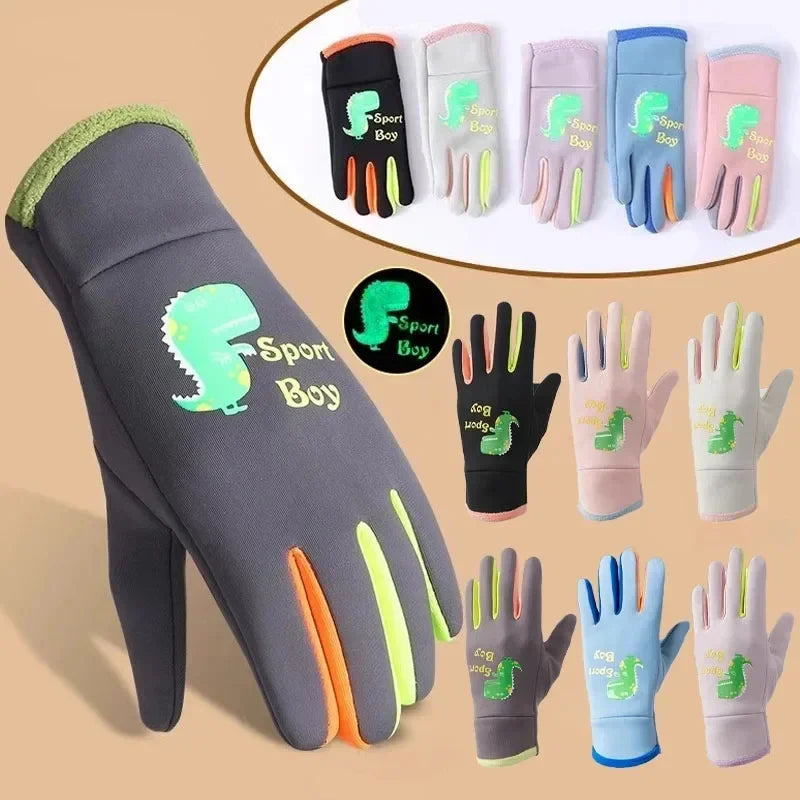 Winter Children's Gloves Cartoon Dinosaur Fluorescence Cycling Kids Warm Sports Skiing Windproof Waterproof Boys Girls Gloves