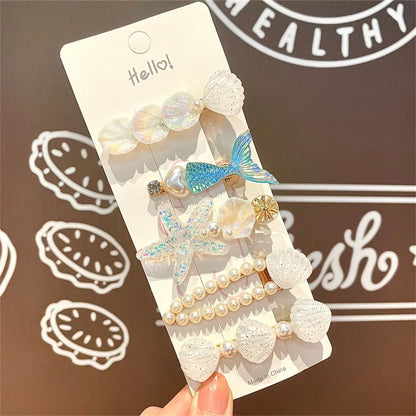 5 Pcs Cute Hair Clip Set Bangs Hairpin Mermaid Shell Starfish Pearl Sea princess Baby Girl Barrettes Hair Accessories