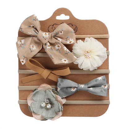 5Pcs/Set Flower Fabric Cloth Bow Print Baby Headband Elastic Nylon Hair Bands Newborn Photography Props Kids Accessories