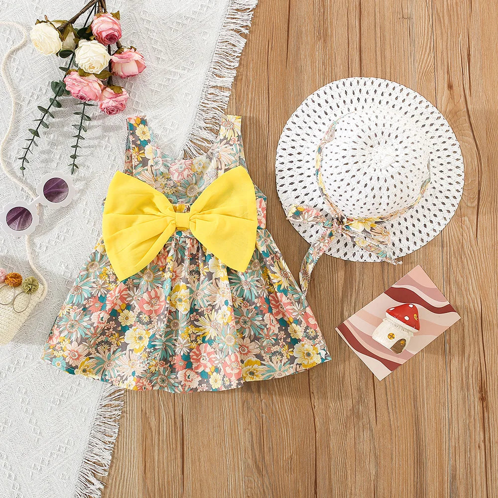 (Robe 2 pièces) Ensemble de robes d'été pour filles, imprimé floral + chapeau, nœud, ruban, licou, robe de princesse douce, robe d'équipe de fête d'anniversaire