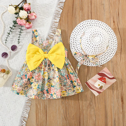 (Robe 2 pièces) Ensemble de robes d'été pour filles, imprimé floral + chapeau, nœud, ruban, licou, robe de princesse douce, robe d'équipe de fête d'anniversaire