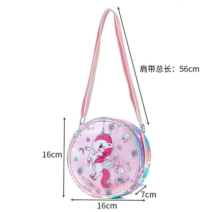 Kids Accessories Summer Lovely Kids Girls Sequin Crossbody Bag 3 Colors Cartoon Printed Round Shoulder Bag with Adjustable Strap