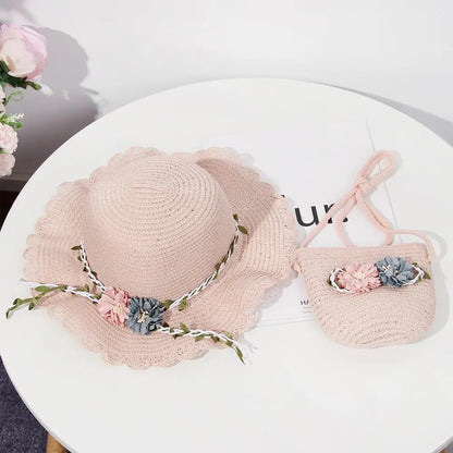 New Summer Kids Flower Caps Bag Girl Sandy Beach Hat Baby Coin Cute Weave Straw Purse Children's Messenger Backpack