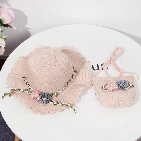 New Summer Kids Flower Caps Bag Girl Sandy Beach Hat Baby Coin Cute Weave Straw Purse Children's Messenger Backpack