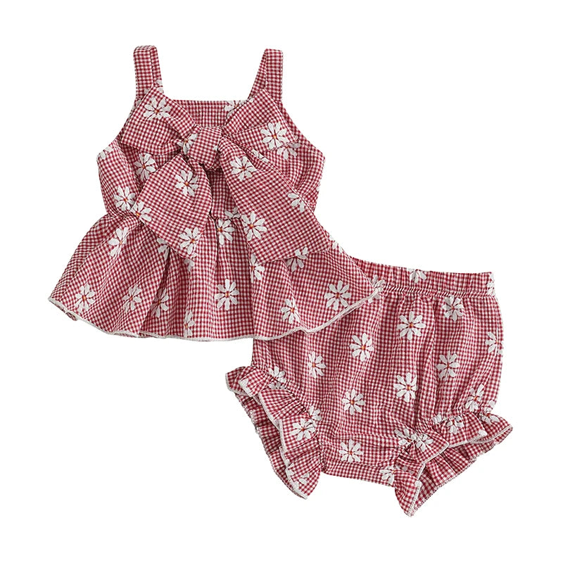 Tenues d'été pour bébés filles : ensemble débardeur sans manches et short élastique à gros nœud imprimé marguerites