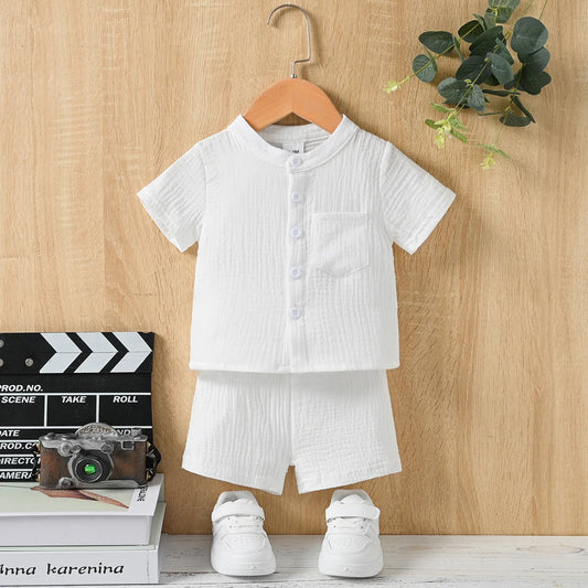 Ensemble de vêtements d'été 2 pièces pour enfants, tenue de sport décontractée avec poches, t-shirt en coton, vêtements mignons, couleur unie, vêtements de détente