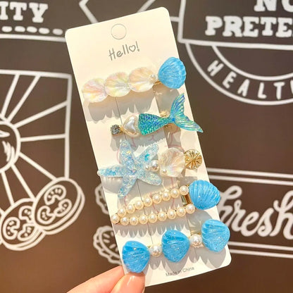 5 Pcs Cute Hair Clip Set Bangs Hairpin Mermaid Shell Starfish Pearl Sea princess Baby Girl Barrettes Hair Accessories