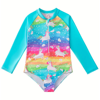 Maillot de bain arc-en-ciel pour fille, manches longues, bas de bikini, imprimés colorés et joyeux, motif animal et cheval fantaisiste