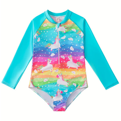 Maillot de bain arc-en-ciel pour fille, manches longues, bas de bikini, imprimés colorés et joyeux, motif animal et cheval fantaisiste