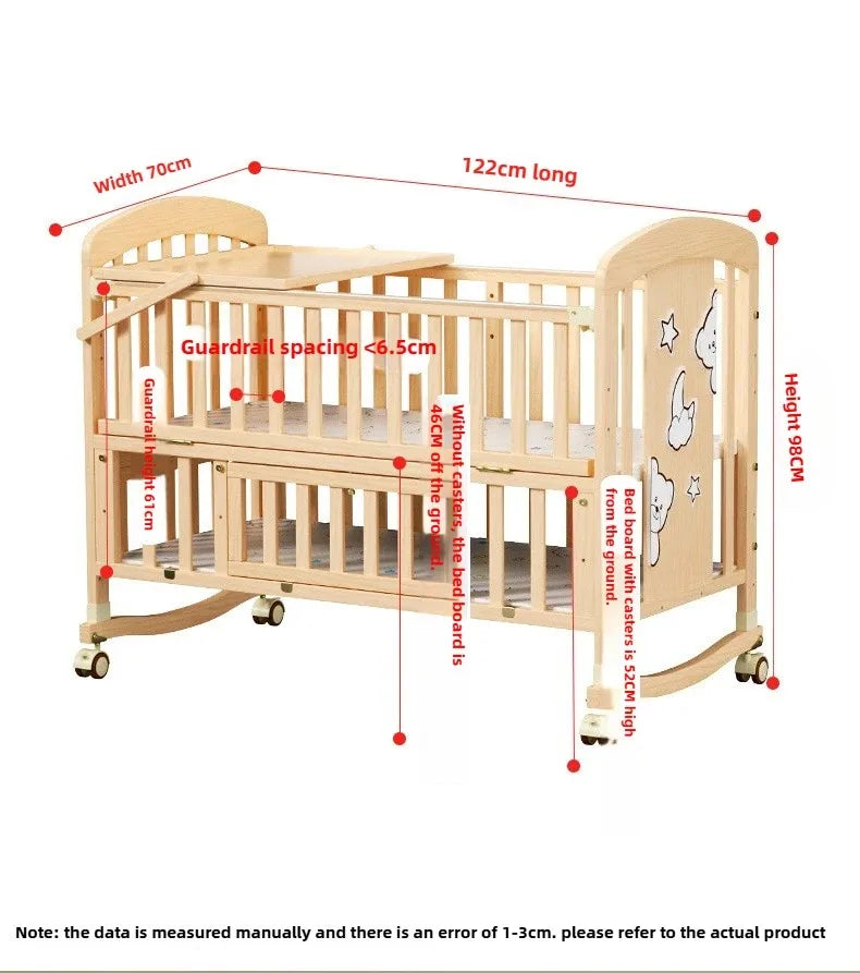 2025 New Baby Comfortable Sleeping Bed Solid Wood Newborn Baby Bed Multifunctional Baby Rocking Bed with Wheels and Mosquito Net