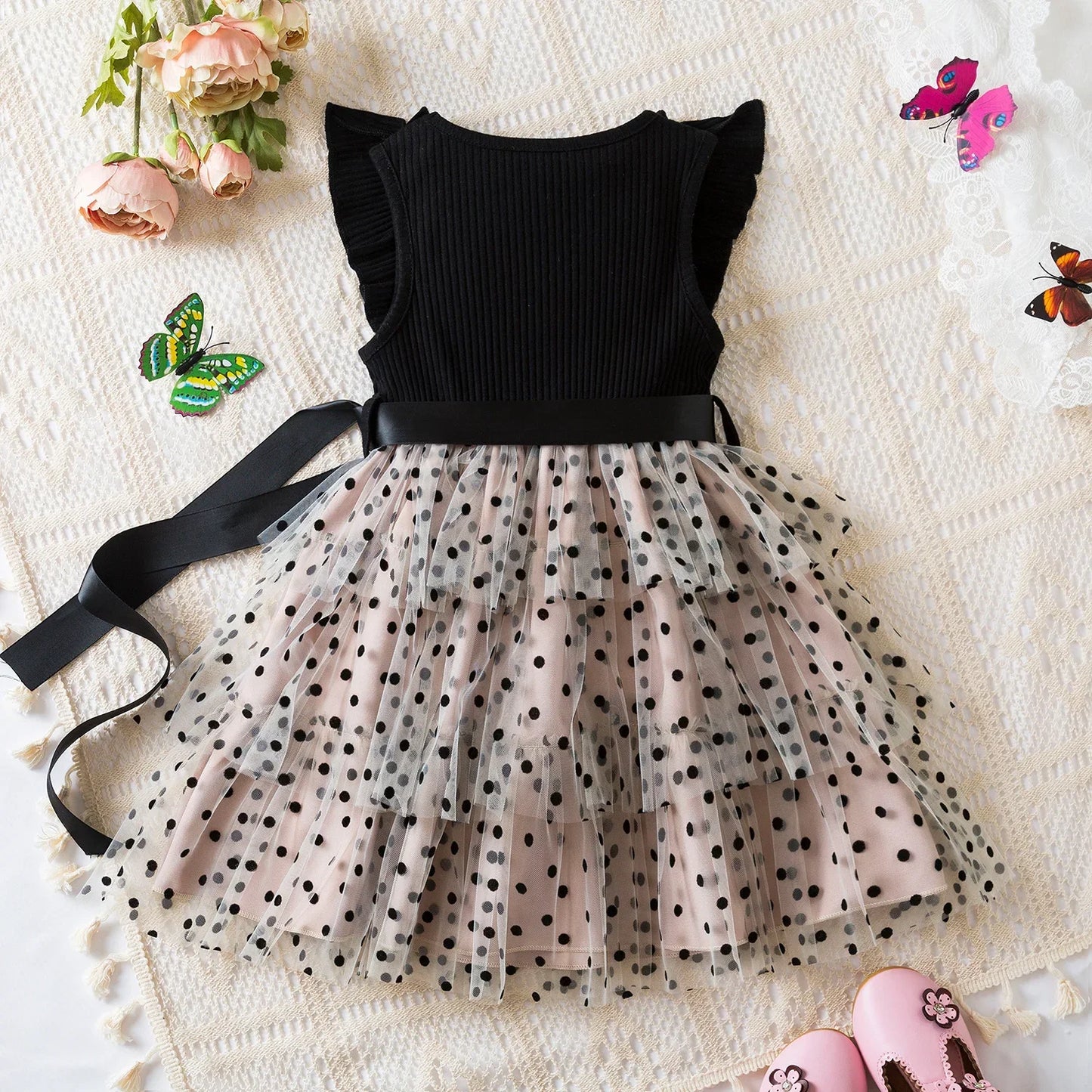 Robes d'été à pois pour filles, style coréen, jolies robes superposées, sans manches, décontractées, pour enfants de 2, 4 et 6 ans