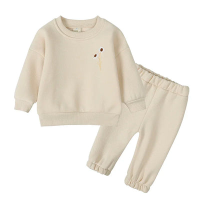 Ensemble de vêtements d'hiver pour bébé garçon et fille, sweat-shirt et pantalon en polaire épaisse brodée de fleurs, survêtement chaud pour enfant, tenue unisexe pour tout-petits, 2025