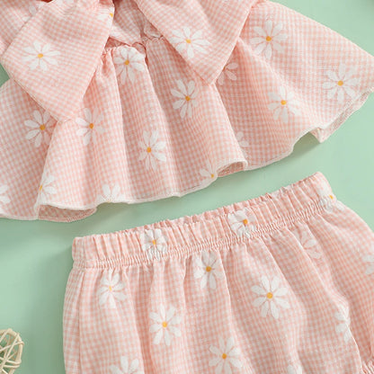 Tenues d'été pour bébés filles : ensemble débardeur sans manches et short élastique à gros nœud imprimé marguerites