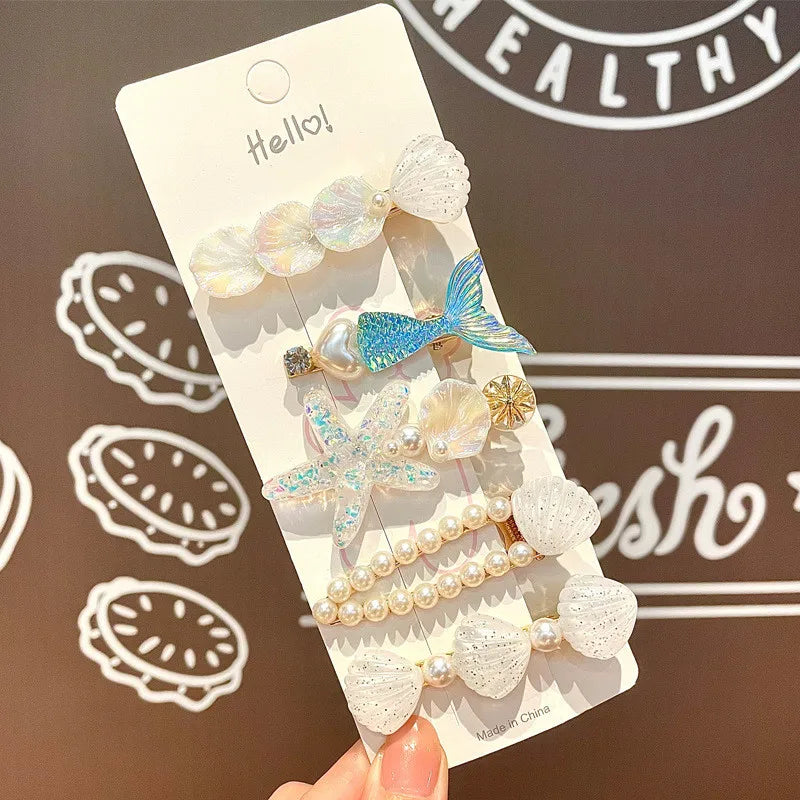 5 Pcs Cute Hair Clip Set Bangs Hairpin Mermaid Shell Starfish Pearl Sea princess Baby Girl Barrettes Hair Accessories