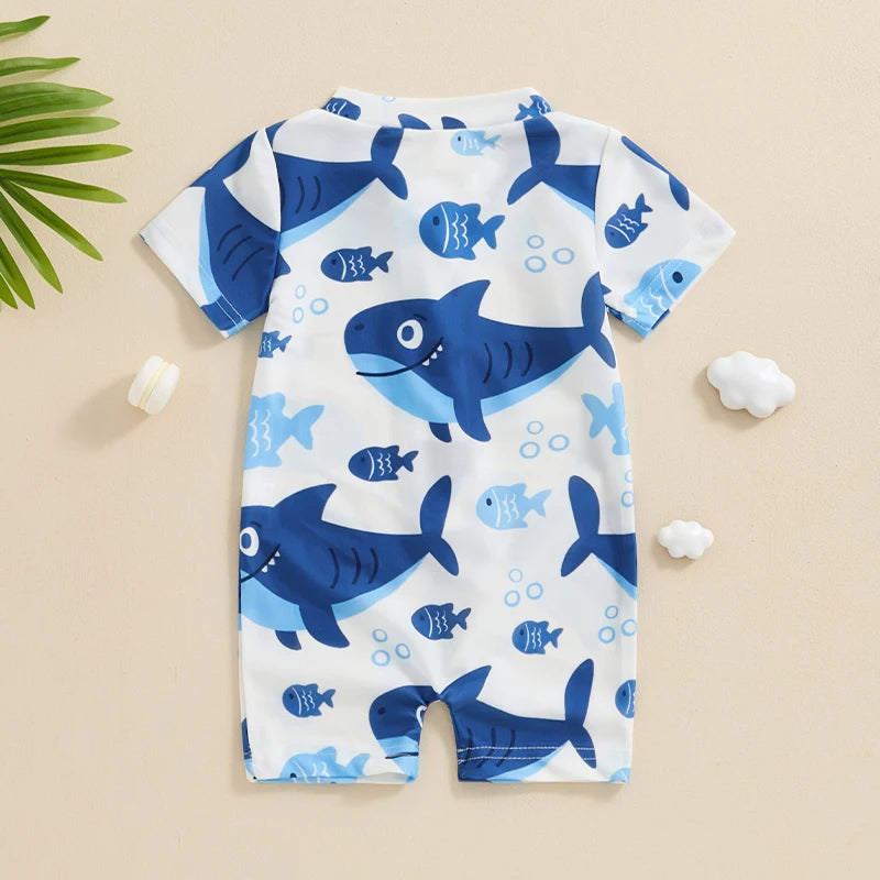 Maillot de bain anti-éruption pour tout-petit garçon, barboteuse à fermeture éclair et manches courtes, imprimé baleine/dinosaure, maillot de bain pour bébé, 3 mois à 3 ans