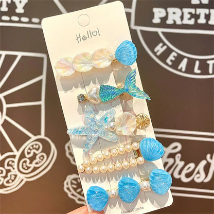 5 Pcs Cute Hair Clip Set Bangs Hairpin Mermaid Shell Starfish Pearl Sea princess Baby Girl Barrettes Hair Accessories