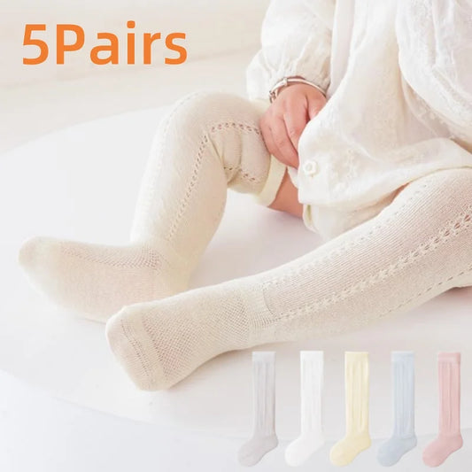 Lot de 5 paires de chaussettes longues ajourées pour bébé, en maille respirante, en coton, princesse, sans os, montantes, fines, pour nouveau-né, de 0 à 2 ans