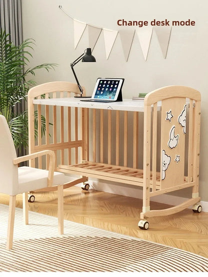 2025 New Baby Comfortable Sleeping Bed Solid Wood Newborn Baby Bed Multifunctional Baby Rocking Bed with Wheels and Mosquito Net