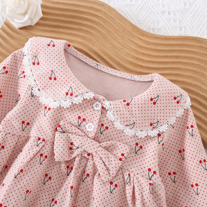 Jupe pour enfants de 0 à 3 ans, nouvelle collection printemps-automne, robe fraîche à motif de cerises, avec nœud décoratif et col haut