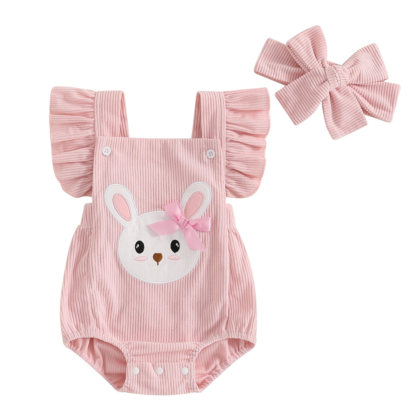 Barboteuse pour bébé fille, vêtements de Pâques, broderie lapin, manches volantées, body pour bébé, combinaisons avec bandeau
