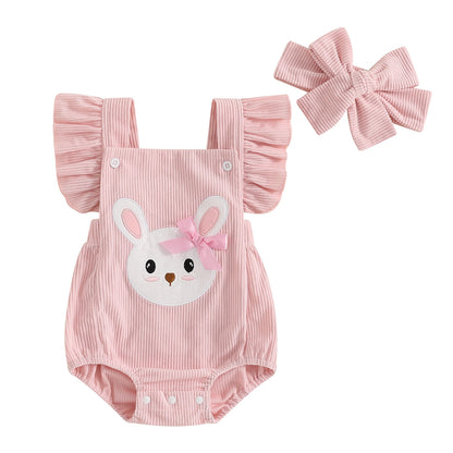 Barboteuse pour bébé fille, vêtements de Pâques, broderie lapin, manches volantées, body pour bébé, combinaisons avec bandeau