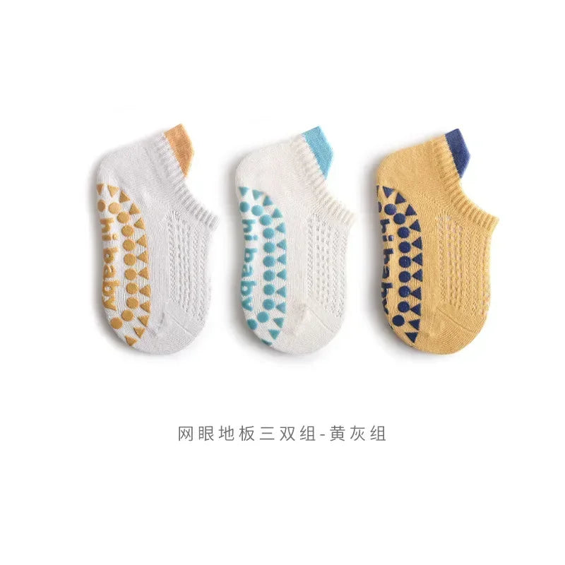 Lot de 3 paires de chaussettes d'été pour bébé, couleur unie, antidérapantes, en silicone, en maille respirante, fines, pour l'intérieur