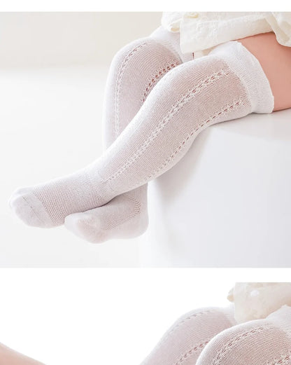 Lot de 5 paires de chaussettes longues ajourées pour bébé, en maille respirante, en coton, princesse, sans os, montantes, fines, pour nouveau-né, de 0 à 2 ans