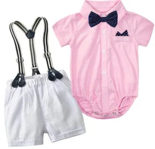 Ensemble de vêtements pour nouveau-né garçon, couleur unie, avec nœud, costume formel pour tout-petits, barboteuse bleu ciel d'été + short blanc, vêtements pour bébé