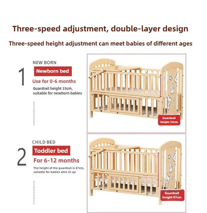 2025 New Baby Comfortable Sleeping Bed Solid Wood Newborn Baby Bed Multifunctional Baby Rocking Bed with Wheels and Mosquito Net
